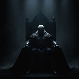 A great and powerful warrior seated on a grand, dark throne, engulfed in shadows, set against a deeply dark backdrop that accentuates the atmosphere of formidable power