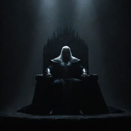 A great and powerful warrior seated on a grand, dark throne, engulfed in shadows, set against a deeply dark backdrop that accentuates the atmosphere of formidable power