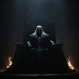 A great and powerful warrior seated on a grand, dark throne, engulfed in shadows, set against a deeply dark backdrop that accentuates the atmosphere of formidable power