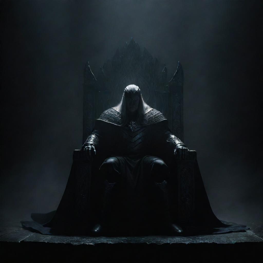 A great and powerful warrior seated on a grand, dark throne, engulfed in shadows, set against a deeply dark backdrop that accentuates the atmosphere of formidable power