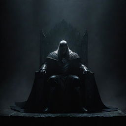 A great and powerful warrior seated on a grand, dark throne, engulfed in shadows, set against a deeply dark backdrop that accentuates the atmosphere of formidable power