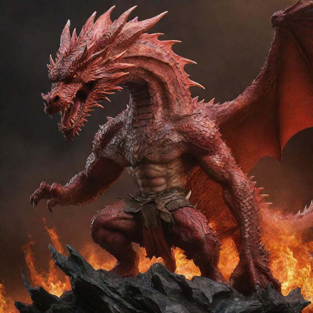 Integrate a figure of a brave warrior standing fearlessly in the presence of the fiery red dragon. Show the man exuding courage and strength, against the backdrop of the intimidating and magnificent creature.