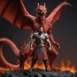 Integrate a figure of a brave warrior standing fearlessly in the presence of the fiery red dragon. Show the man exuding courage and strength, against the backdrop of the intimidating and magnificent creature.