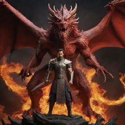 Integrate a figure of a brave warrior standing fearlessly in the presence of the fiery red dragon. Show the man exuding courage and strength, against the backdrop of the intimidating and magnificent creature.