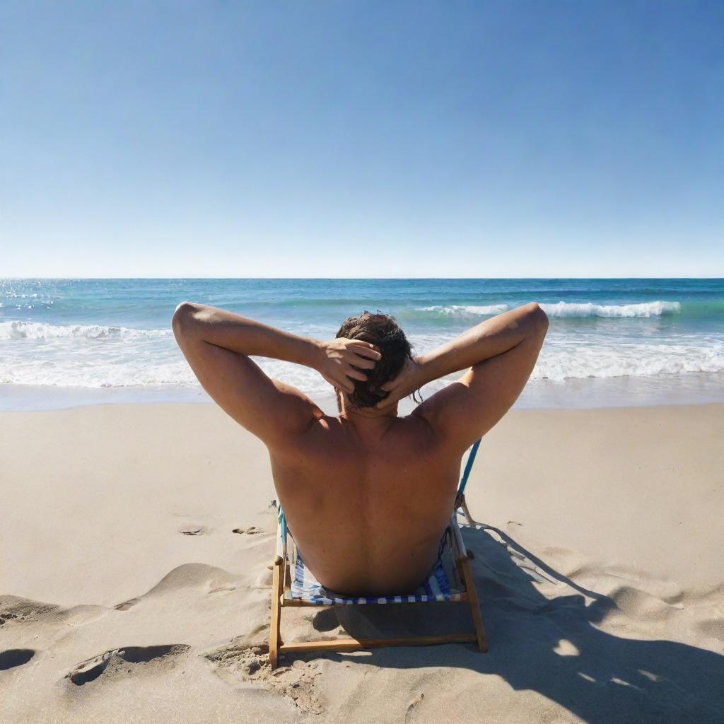 An avatar of the user enjoyably lounging on a sunlit beach, with waves gently crashing nearby and a clear, blue sky overhead.