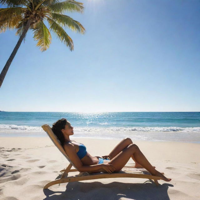 An avatar of the user enjoyably lounging on a sunlit beach, with waves gently crashing nearby and a clear, blue sky overhead.