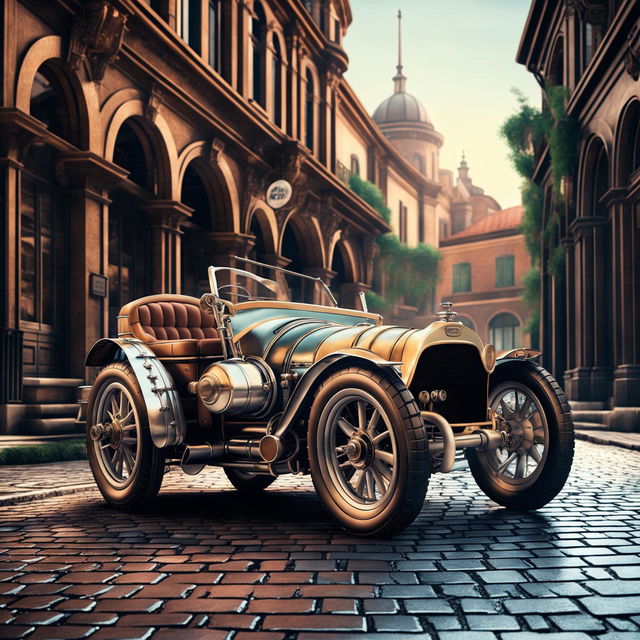 A high-quality digital art piece depicting an Aston Martin as if it were designed in the 1910s