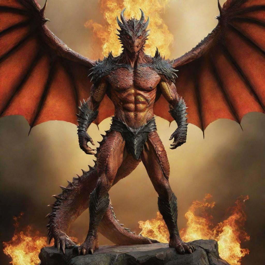 Transform the standing man into a dragon-man hybrid. Incorporate dragon features into his human form, such as scales, wings, and fiery eyes, to create a powerful, mythical creature.