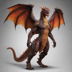 Transform the standing man into a dragon-man hybrid. Incorporate dragon features into his human form, such as scales, wings, and fiery eyes, to create a powerful, mythical creature.