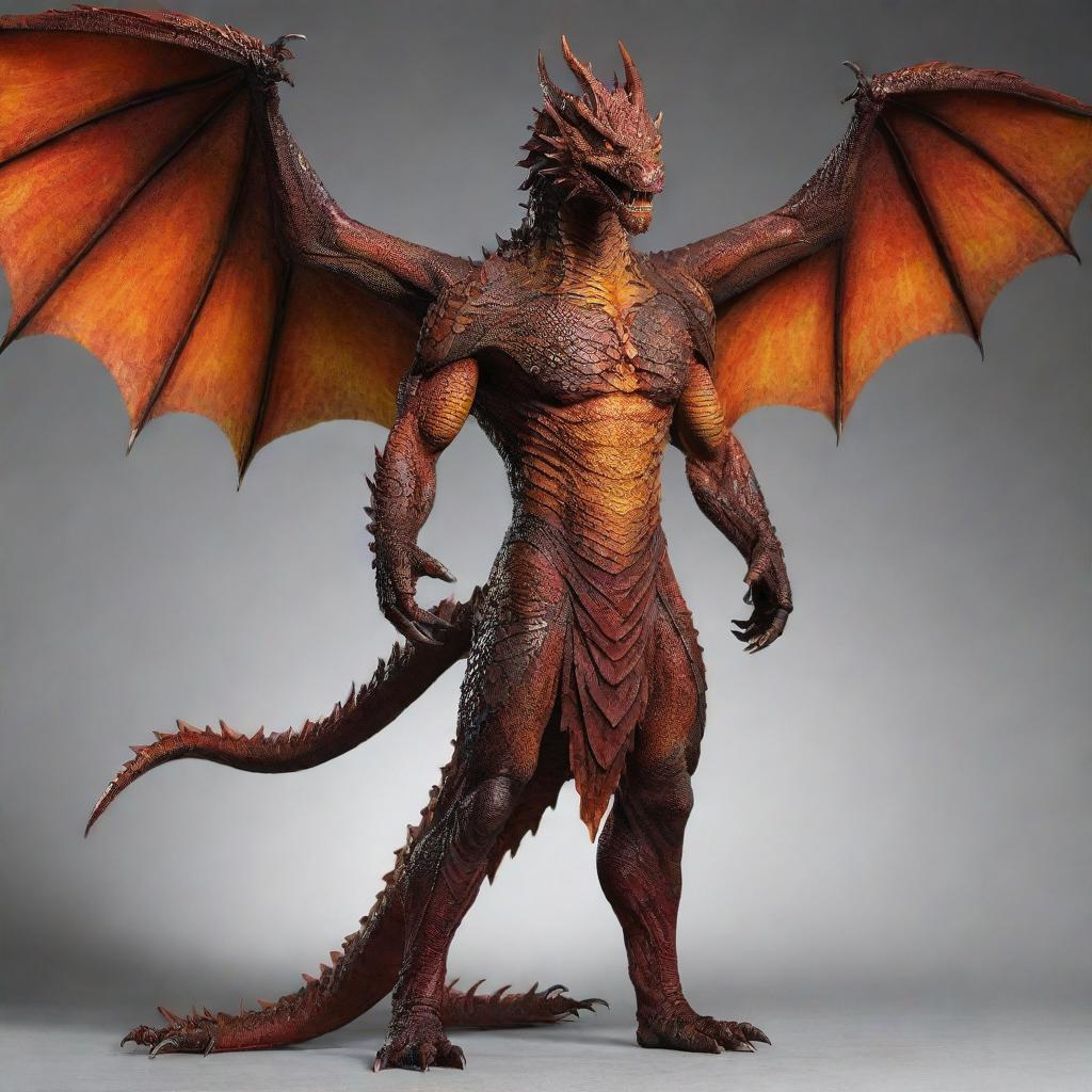 Transform the standing man into a dragon-man hybrid. Incorporate dragon features into his human form, such as scales, wings, and fiery eyes, to create a powerful, mythical creature.