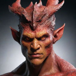 Modify the dragon-man hybrid to retain a human head, seamlessly blending characteristics of a human face and dragon features. Showcase the character with strikingly human eyes, a skin with scales and fiery breath, all maintaining the fierce theme.