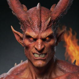 Modify the dragon-man hybrid to retain a human head, seamlessly blending characteristics of a human face and dragon features. Showcase the character with strikingly human eyes, a skin with scales and fiery breath, all maintaining the fierce theme.