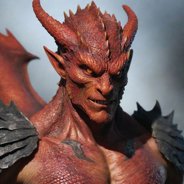 Modify the dragon-man hybrid to retain a human head, seamlessly blending characteristics of a human face and dragon features. Showcase the character with strikingly human eyes, a skin with scales and fiery breath, all maintaining the fierce theme.