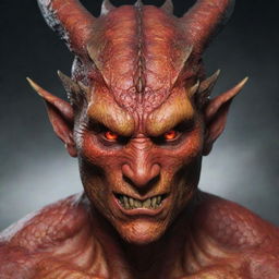 Modify the dragon-man hybrid to retain a human head, seamlessly blending characteristics of a human face and dragon features. Showcase the character with strikingly human eyes, a skin with scales and fiery breath, all maintaining the fierce theme.