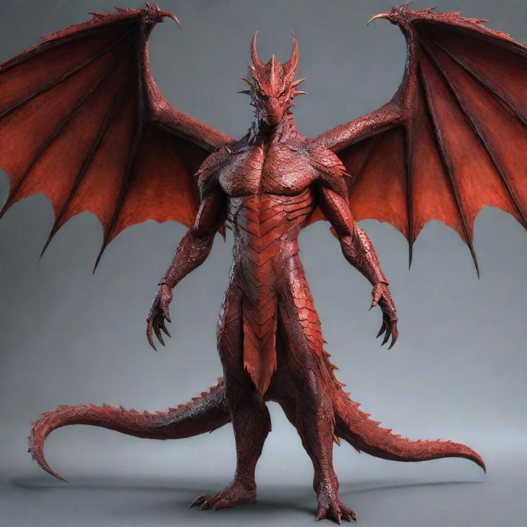 Adjust the image to depict the dragon-man hybrid in a full body format. Display him standing tall in his combined human-dragon form, with powerful wings, a human face and an overall sturdy body structure covered in vibrant, red scales.