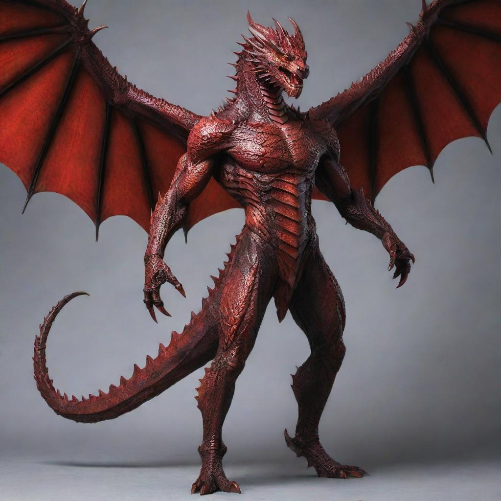 Adjust the image to depict the dragon-man hybrid in a full body format. Display him standing tall in his combined human-dragon form, with powerful wings, a human face and an overall sturdy body structure covered in vibrant, red scales.