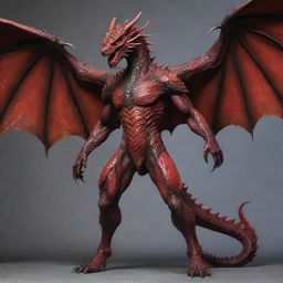 Adjust the image to depict the dragon-man hybrid in a full body format. Display him standing tall in his combined human-dragon form, with powerful wings, a human face and an overall sturdy body structure covered in vibrant, red scales.