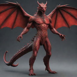 Adjust the image to depict the dragon-man hybrid in a full body format. Display him standing tall in his combined human-dragon form, with powerful wings, a human face and an overall sturdy body structure covered in vibrant, red scales.