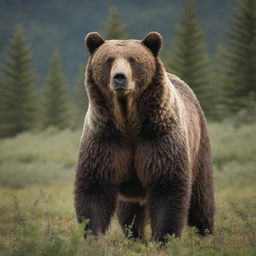 A majestic, robust bear standing in a lush, wild landscape. Its fur is glossy and thick, and it exudes a sense of strength and wilderness