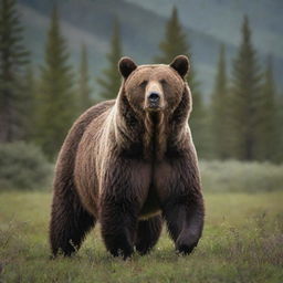 A majestic, robust bear standing in a lush, wild landscape. Its fur is glossy and thick, and it exudes a sense of strength and wilderness