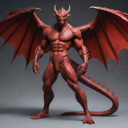 Refine the full body image of the dragon-man hybrid, emphasising his human head and expressive facial features, while his body remains dragon-like with red scales, wings, and a muscular physique.