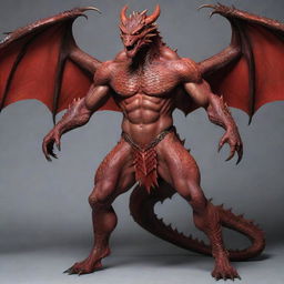 Refine the full body image of the dragon-man hybrid, emphasising his human head and expressive facial features, while his body remains dragon-like with red scales, wings, and a muscular physique.