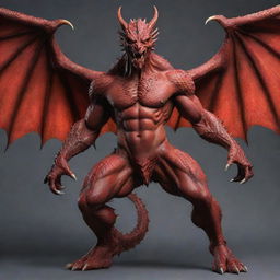 Refine the full body image of the dragon-man hybrid, emphasising his human head and expressive facial features, while his body remains dragon-like with red scales, wings, and a muscular physique.