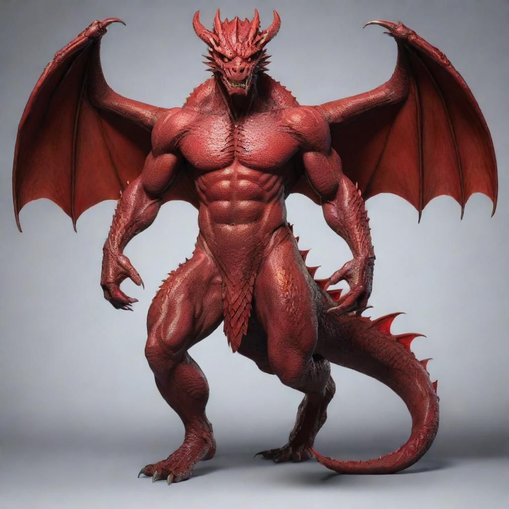 Refine the full body image of the dragon-man hybrid, emphasising his human head and expressive facial features, while his body remains dragon-like with red scales, wings, and a muscular physique.