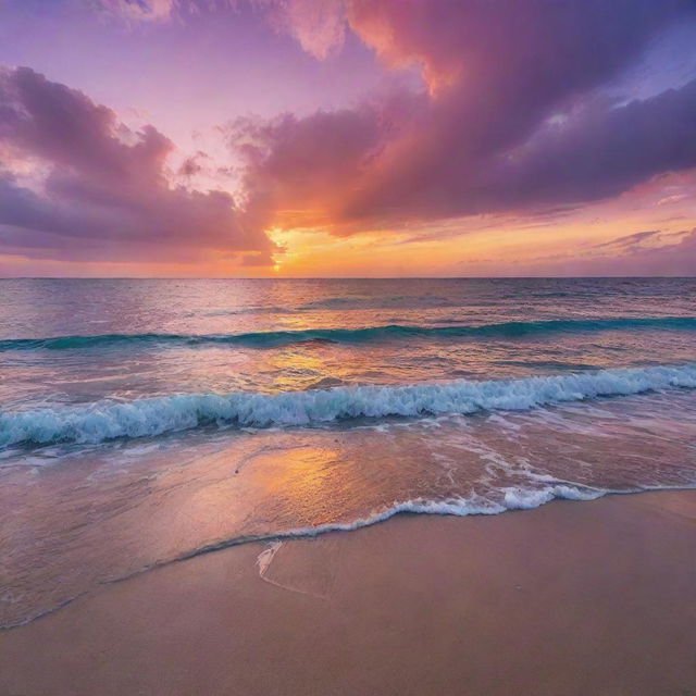 Vibrant sunset over a serene, endless sea, with crystal-clear aqua waters sparkling under the voluptuous orange and purple clouds.