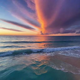 Vibrant sunset over a serene, endless sea, with crystal-clear aqua waters sparkling under the voluptuous orange and purple clouds.