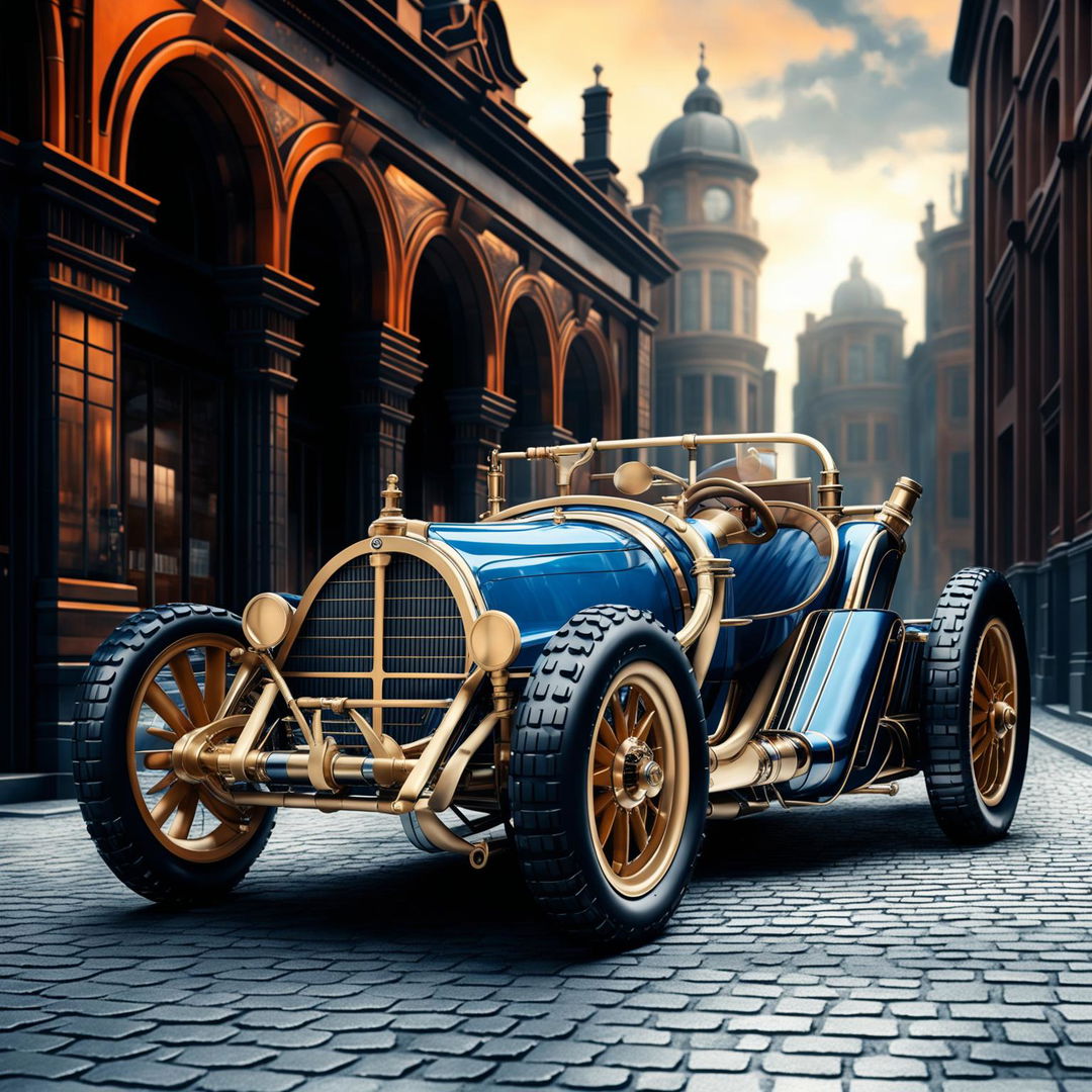 A high-quality digital art piece illustrating a Bugatti as if it were designed in the 1910s