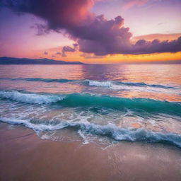 Vibrant sunset over a serene, endless sea, with crystal-clear aqua waters sparkling under the voluptuous orange and purple clouds.