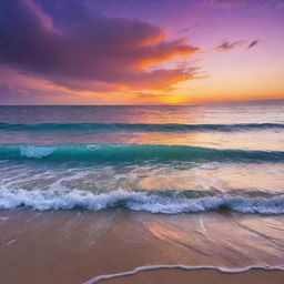 Vibrant sunset over a serene, endless sea, with crystal-clear aqua waters sparkling under the voluptuous orange and purple clouds.