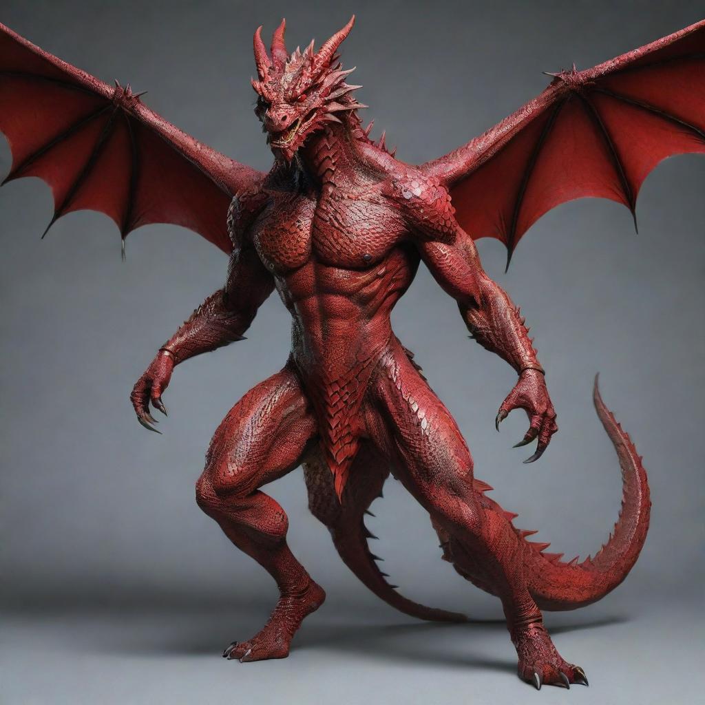 Refine the full-body image of the dragon-man hybrid, placing emphasis on making the human facial features handsomely distinctive. Retain the red scales and dragon-like physique while instilling more charm and appeal in his countenance.