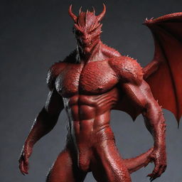 Refine the full-body image of the dragon-man hybrid, placing emphasis on making the human facial features handsomely distinctive. Retain the red scales and dragon-like physique while instilling more charm and appeal in his countenance.