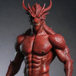 Refine the full-body image of the dragon-man hybrid, placing emphasis on making the human facial features handsomely distinctive. Retain the red scales and dragon-like physique while instilling more charm and appeal in his countenance.