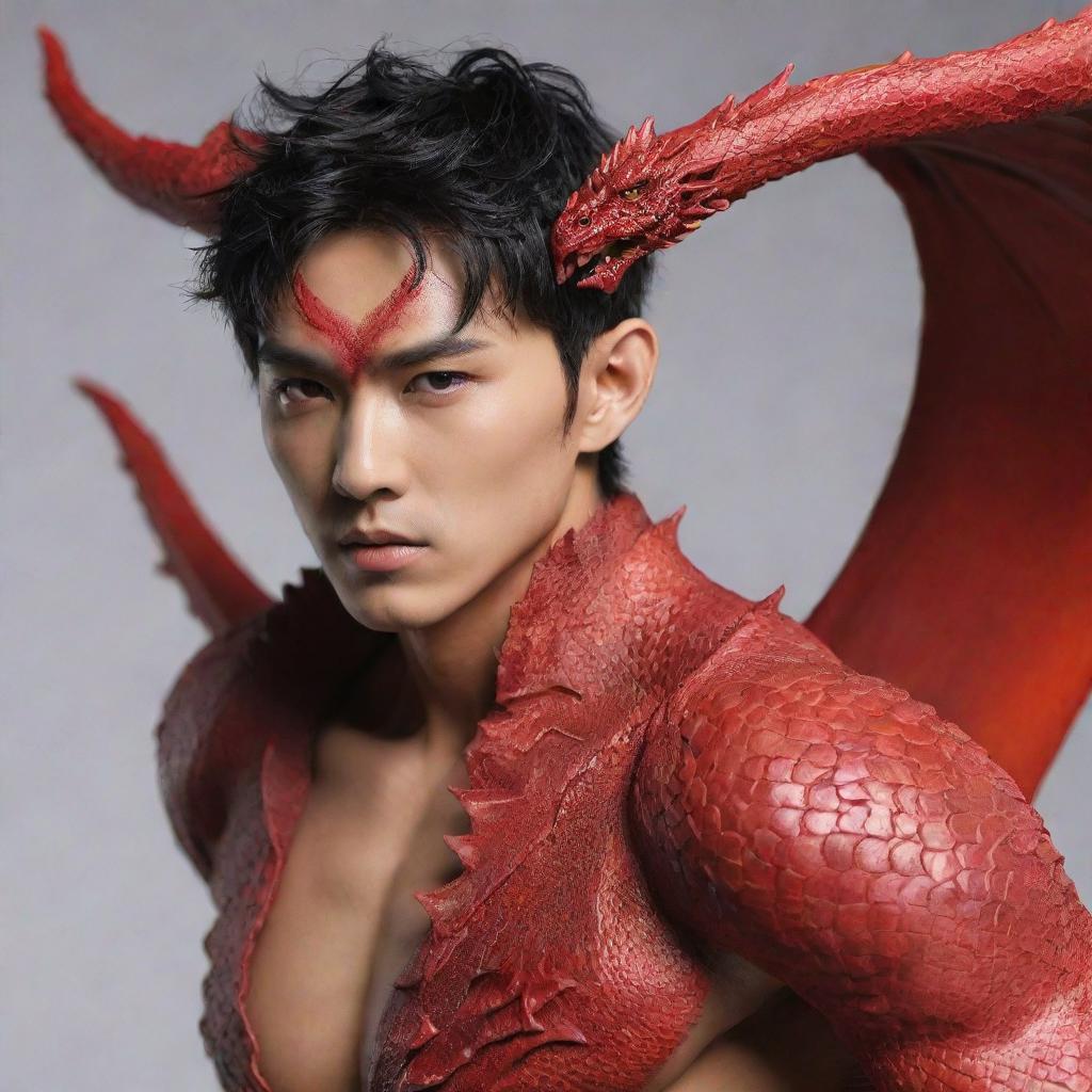 Modify the dragon-man hybrid, infusing a handsome Korean aesthetic into his human features. Accentuate details like smooth skin, striking monolid eyes, and structured jawline, while maintaining his dragon body and fiery red scales.