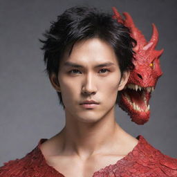 Modify the dragon-man hybrid, infusing a handsome Korean aesthetic into his human features. Accentuate details like smooth skin, striking monolid eyes, and structured jawline, while maintaining his dragon body and fiery red scales.