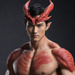 Modify the dragon-man hybrid, infusing a handsome Korean aesthetic into his human features. Accentuate details like smooth skin, striking monolid eyes, and structured jawline, while maintaining his dragon body and fiery red scales.