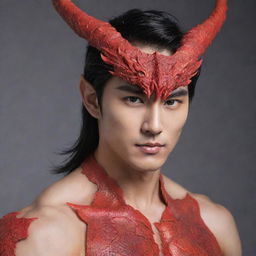 Modify the dragon-man hybrid, infusing a handsome Korean aesthetic into his human features. Accentuate details like smooth skin, striking monolid eyes, and structured jawline, while maintaining his dragon body and fiery red scales.