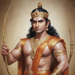 A beautiful depiction of Lord Ram with his bow and arrow, adorned in royal clothes, with a serene and compassionate expression on his face.