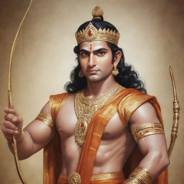 A beautiful depiction of Lord Ram with his bow and arrow, adorned in royal clothes, with a serene and compassionate expression on his face.