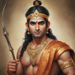 A beautiful depiction of Lord Ram with his bow and arrow, adorned in royal clothes, with a serene and compassionate expression on his face.