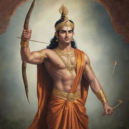 A beautiful depiction of Lord Ram with his bow and arrow, adorned in royal clothes, with a serene and compassionate expression on his face.