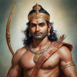 A beautiful depiction of Lord Ram with his bow and arrow, adorned in royal clothes, with a serene and compassionate expression on his face.