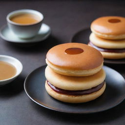 A perfect dorayaki, a Japanese dessert, with a glossy golden-brown exterior, plump pancakes, and filled with sweet azuki red bean paste.