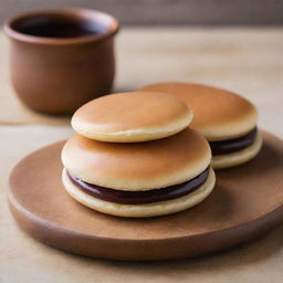 A perfect dorayaki, a Japanese dessert, with a glossy golden-brown exterior, plump pancakes, and filled with sweet azuki red bean paste.