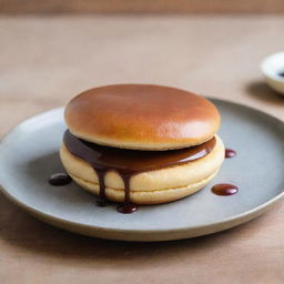 A perfect dorayaki, a Japanese dessert, with a glossy golden-brown exterior, plump pancakes, and filled with sweet azuki red bean paste.