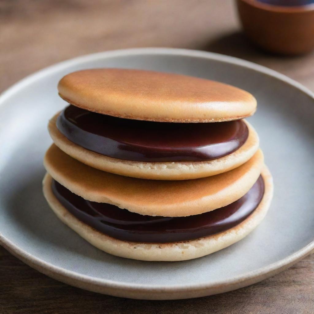 A perfect dorayaki, a Japanese dessert, with a glossy golden-brown exterior, plump pancakes, and filled with sweet azuki red bean paste.