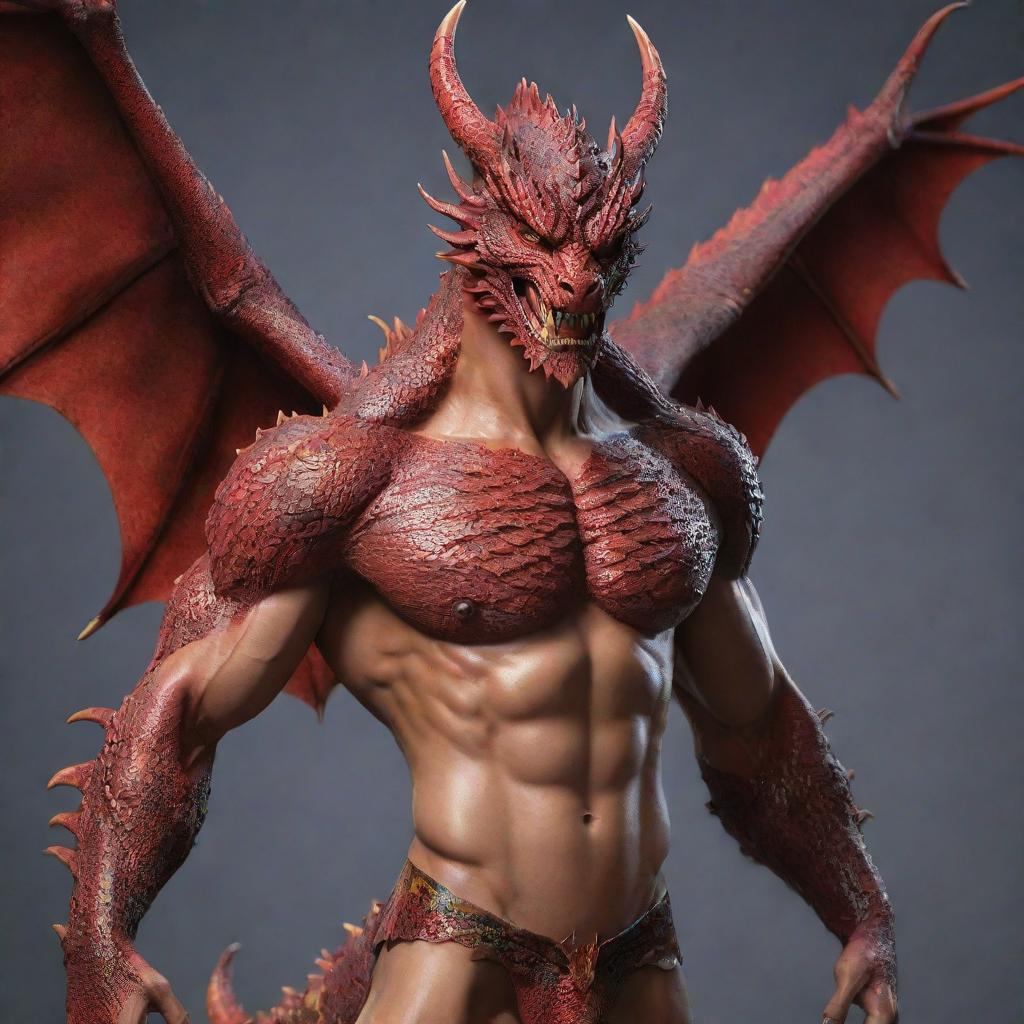 Re-render the image of the handsome Korean-style dragon-man hybrid, ensuring a full-body representation. Showcase his strong physique covered with fiery red scales, dragon wings, and his captivating human facial features.